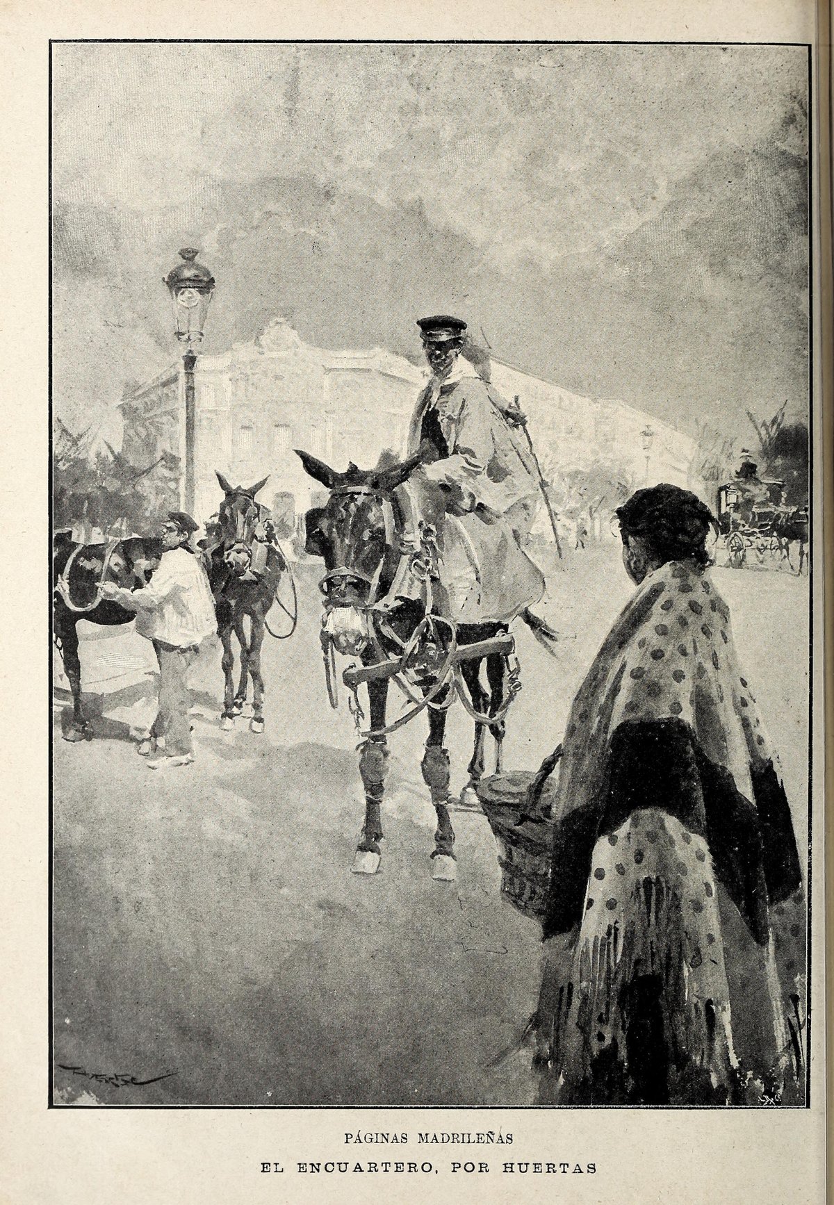 Historic black and white photograph of 'El Encuartero' in Huertas, Madrid, from January 23, 1898 edition of Blanco y Negro magazine