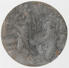 Painting of a bishop kneeling in prayer before an altar