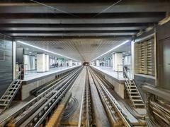 Budapest Göncz Árpád városközpont M3 metro station platform with tracks and structural columns