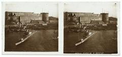 Stereoscopic view of submarine S2 in Penfeld military harbor with background castle