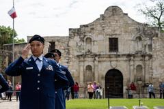 Junior Reserve Officer Training Corps cadets from John Paul Stevens High School perform at the Alamo during U.S. Air Force Day in San Antonio, Texas