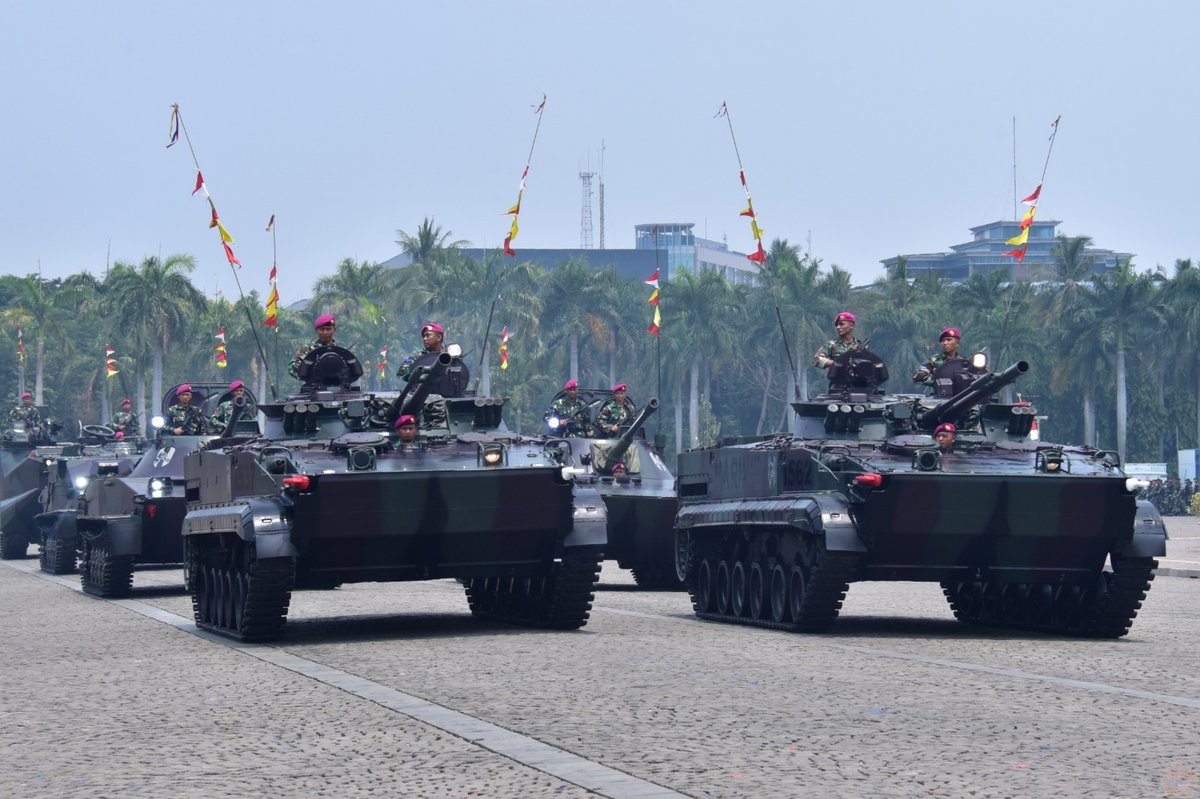 Commandant of the Marine Corps and senior officers reviewing rehearsal for 78th TNI Anniversary at Monas Silang Square