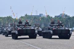 Commandant of the Marine Corps and senior officers reviewing rehearsal for 78th TNI Anniversary at Monas Silang Square