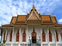 Side view of the Silver Pagoda with ornate roofs and chofas at the Royal Palace, Cambodia