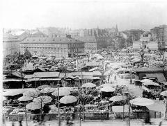 Historic Wiener Naschmarkt before 1895 with Wienfluss and Secession building in background