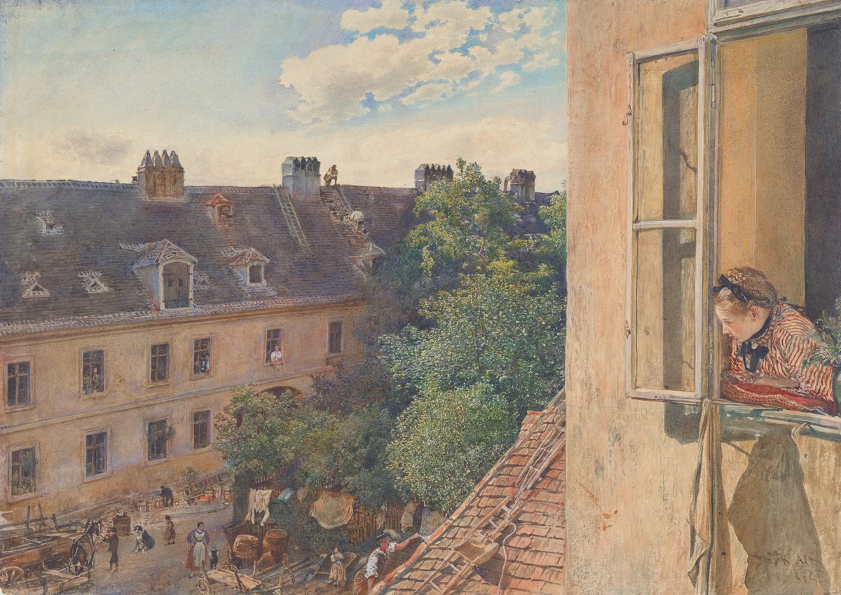 Watercolour painting of a view in the Alser suburb showing buildings and streets