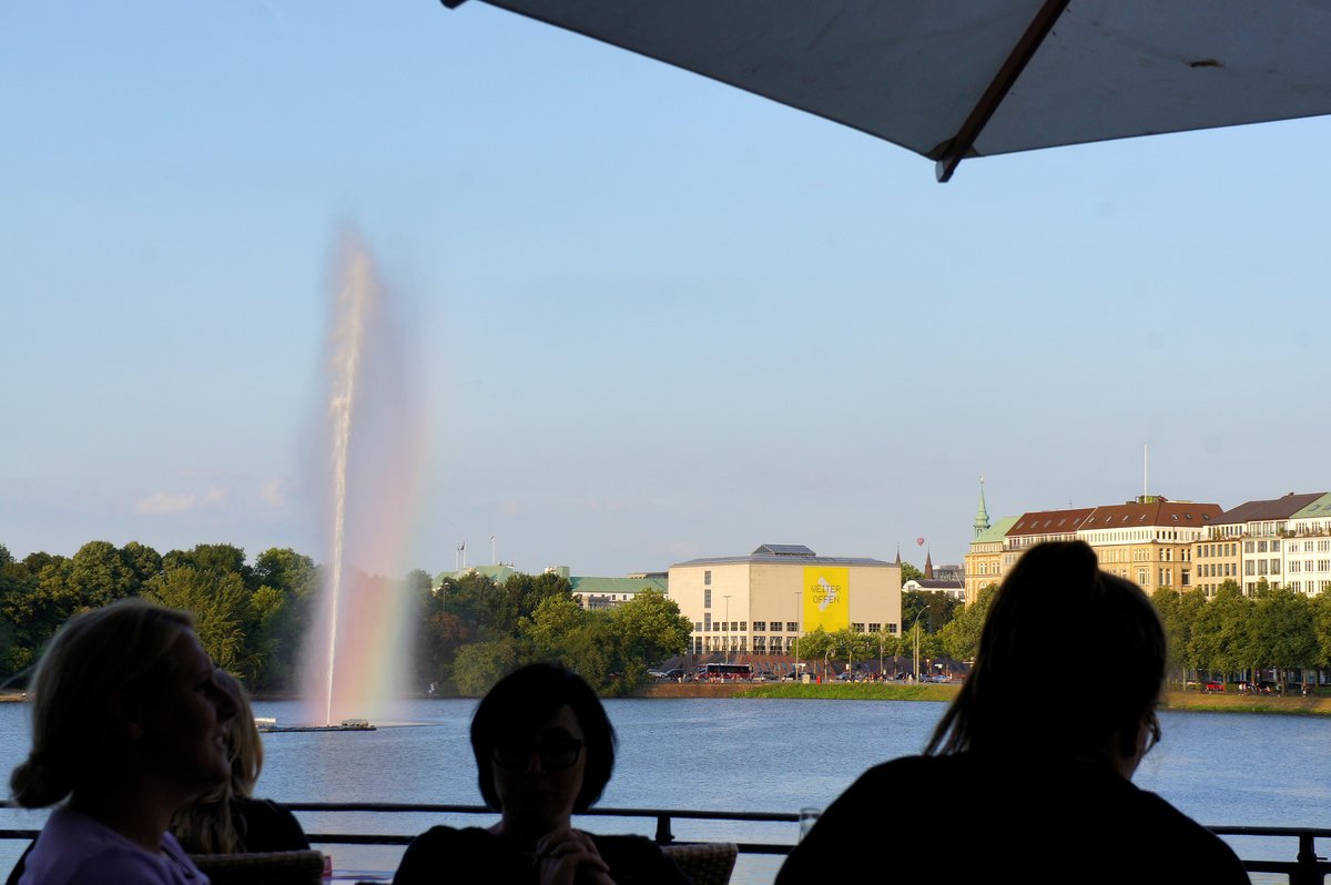 View of Kunsthalle Kiel and Sankt Georg district from Alsterpavillon with waterfront scene
