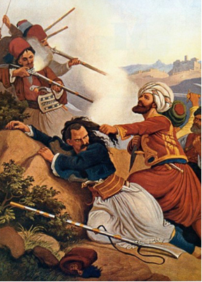 Artwork by Peter von Hess showing a historical battle scene with soldiers and horses