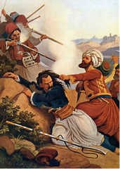 Artwork by Peter von Hess showing a historical battle scene with soldiers and horses