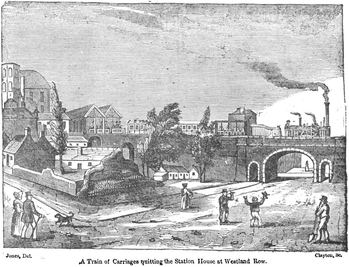 A train of carriages leaving the Station House at Westland Row, 1834