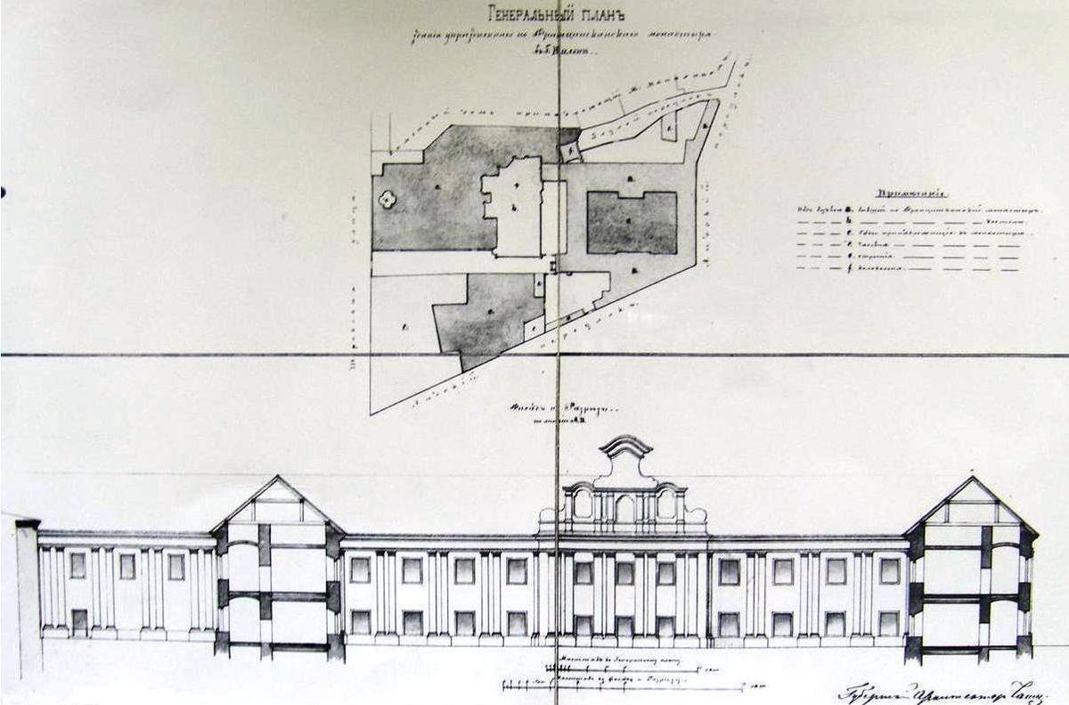 Historical image of Vilnia Piaski with the Church of the Assumption of the Blessed Virgin Mary and Franciscan Monastery in 1870