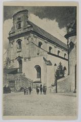 Historic black and white photo of Vilnia (Vilnius) Piaski district featuring the Church of the Assumption of the Blessed Virgin Mary and Franciscan monastery in 1927
