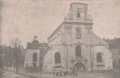 Historic black and white photo of the Church of the Assumption of the Blessed Virgin Mary and Franciscan monastery in Piaski, Vilnius, 1935