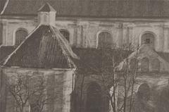 Historic Church of the Assumption of the Blessed Virgin Mary and Franciscan Monastery in Piaski, Vilnia, 1919 black and white photo