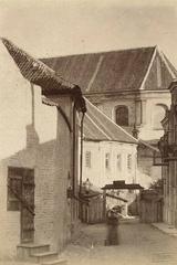 Street view of Piaski district in Vilnius featuring the Church of the Assumption of the Blessed Virgin Mary and Franciscan monastery from 1912