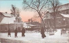 Early 20th century black and white photograph of the Church of the Assumption of the Blessed Virgin Mary and Franciscan monastery in Piaski, Vilnius