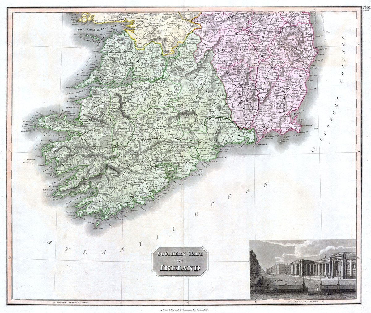 Scarce 1814 map of southern Ireland showing regions including Galway, Limerick, Munster, Cork, Leister, Kilkenny, and Wexford with an engraved view of the Bank of Ireland