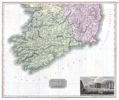 Scarce 1814 map of southern Ireland showing regions including Galway, Limerick, Munster, Cork, Leister, Kilkenny, and Wexford with an engraved view of the Bank of Ireland