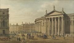 Vintage view of College Green in Dublin in the year 1800 showing historic buildings and streets