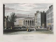 Colourised engraving of College Street, Dublin, showing Bank of Ireland's east portico with three statues