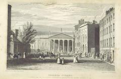 Engraving of College Street, Dublin facing Bank of Ireland's east portico with three statues