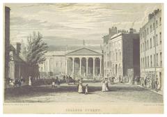 Historic illustration of College Street in Dublin in 1837 with people and horse-drawn carriages