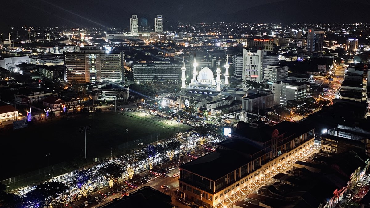 Sultan Ahmad Shah State Mosque lit up at night in Kuantan, Pahang