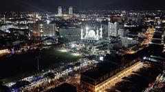 Sultan Ahmad Shah State Mosque lit up at night in Kuantan, Pahang