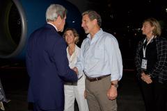 U.S. Secretary of State John Kerry shaking hands with U.S. Ambassador to Colombia Kevin Whitaker in Cartagena