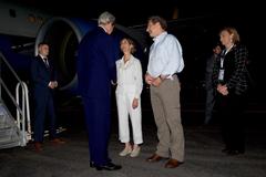 U.S. Secretary of State John Kerry shaking hands with Colombian Vice Minister of Foreign Affairs Patricia Londono at Rafael Núñez International Airport in Cartagena