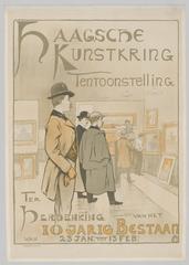 Vintage lithographic poster of Haagsche Kunstkring Salon exhibition 1913 featuring men in an art gallery