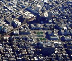 Aerial view of Civic Center and SoMa area in San Francisco facing south with diagonal Market Street