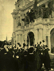 King adjusting the keystone of the Croatian National Theatre in Zagreb in 1895