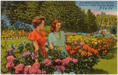 Two female models posing in rose test gardens at Washington Park in Portland, Oregon