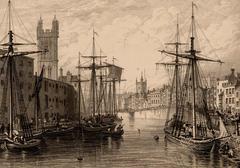 Black and white etching of Bristol Harbour circa 1850 with 10 sailing vessels and rowing boats, featuring towers of St Stephen's Church, St Augustine the Less, and Bristol Cathedral