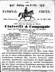 Historical announcement poster of Ciniselli National Circus in Brünn from 1851