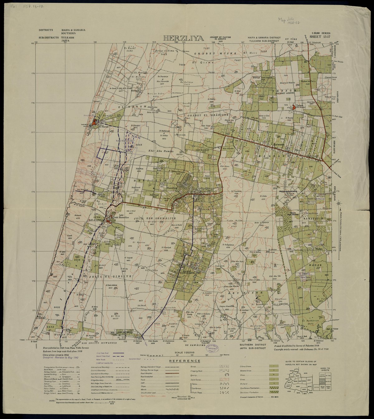 Historic Survey of Palestine map from 1942 showing Herzliya area
