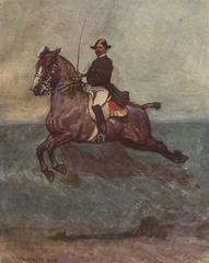 Koch Capriole in mid-air leap with legs spread and hands reaching upward