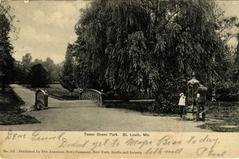 Postcard view of lush greenery and trees in Tower Grove Park, St. Louis