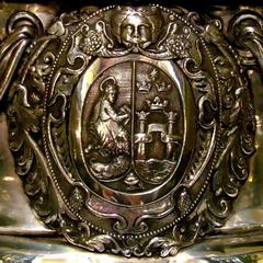Silver coat of arms of the Royal and Pontifical University of San Marcos at the foot of the altar of Nuestra Señora de la Antigua in the Basilica Cathedral of Lima 1795