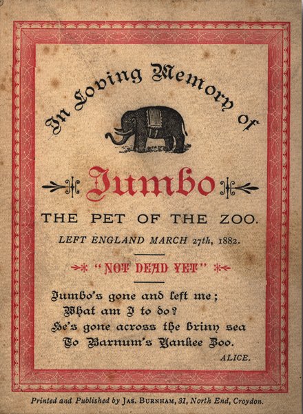 Jumbo trade card depicting Jumbo the elephant and Alice, another elephant from the London Zoo