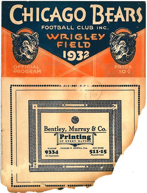 1932 NFL Playoff Game Program Cover featuring an illustration of a football player and summary of the game