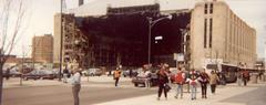 Chicago Stadium demolition in progress with debris and smoke
