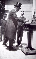 Argentine politician Carlos Pellegrini voting in a church atrium during the late 19th century