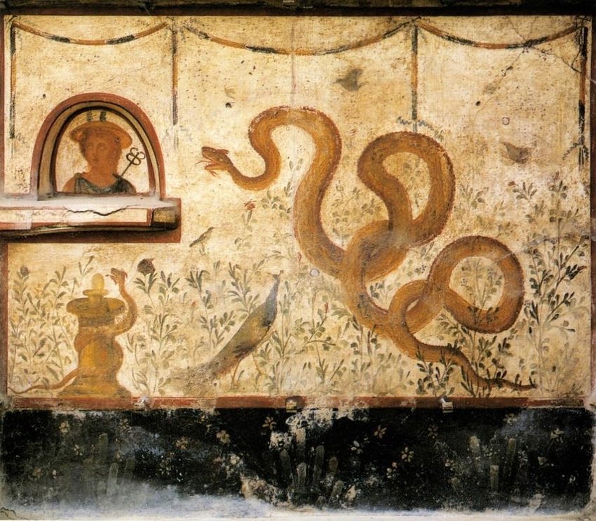 Nails on painted garland at top of composition in Casa del Criptoportico, Pompeii