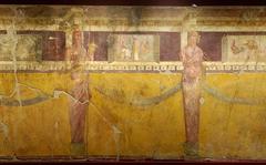 Painted wall plaster with three panels from the south wall of oecus triclinium, Pompeii