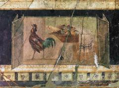 Ancient Roman wall painting of still life with a rooster, basket of fruit and a towel in Pompeii