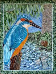 Kingfisher mosaic artwork on the Shot Tower tool store wall in Crane Park