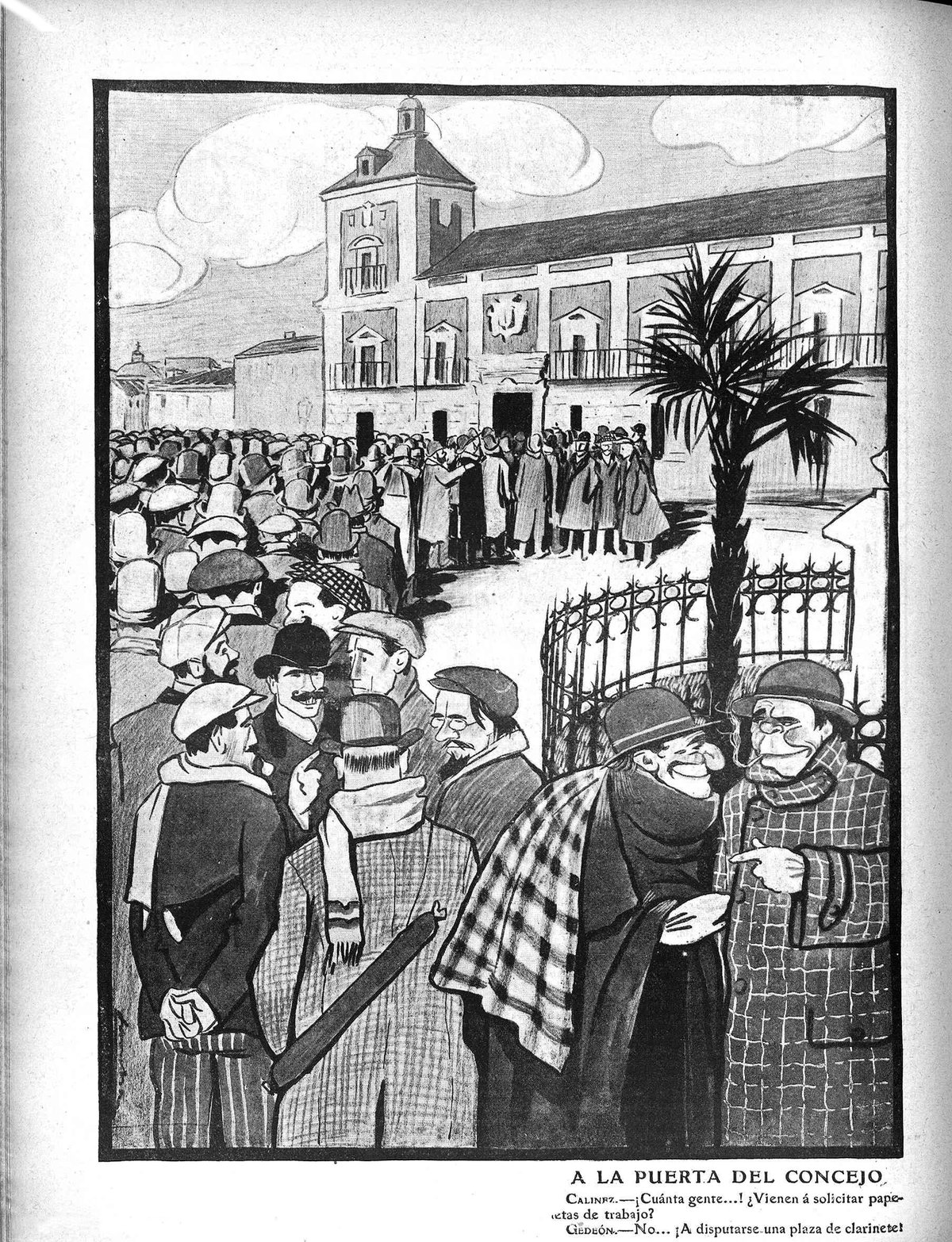 Black and white historical scene of a crowd at the door of the council in 1909
