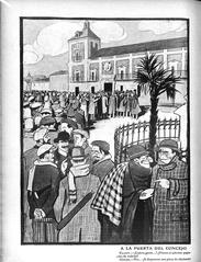 Black and white historical scene of a crowd at the door of the council in 1909